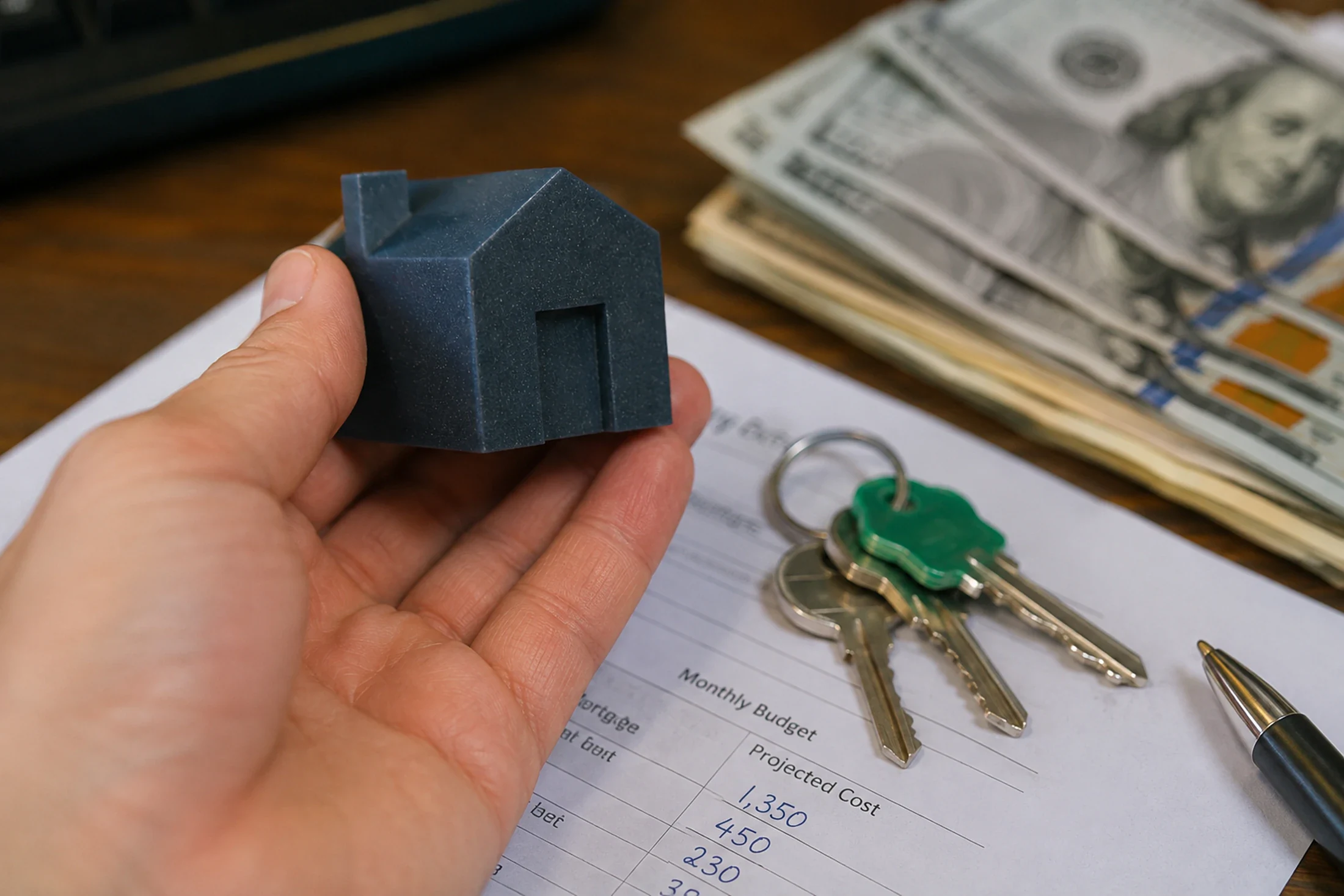 Hand holding a model home during a home-purchase decision